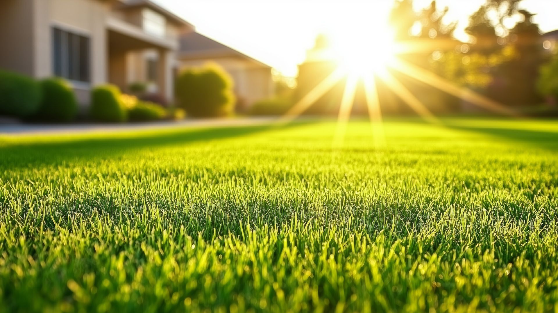 The sun is shining brightly on a lush green lawn in front of a house.