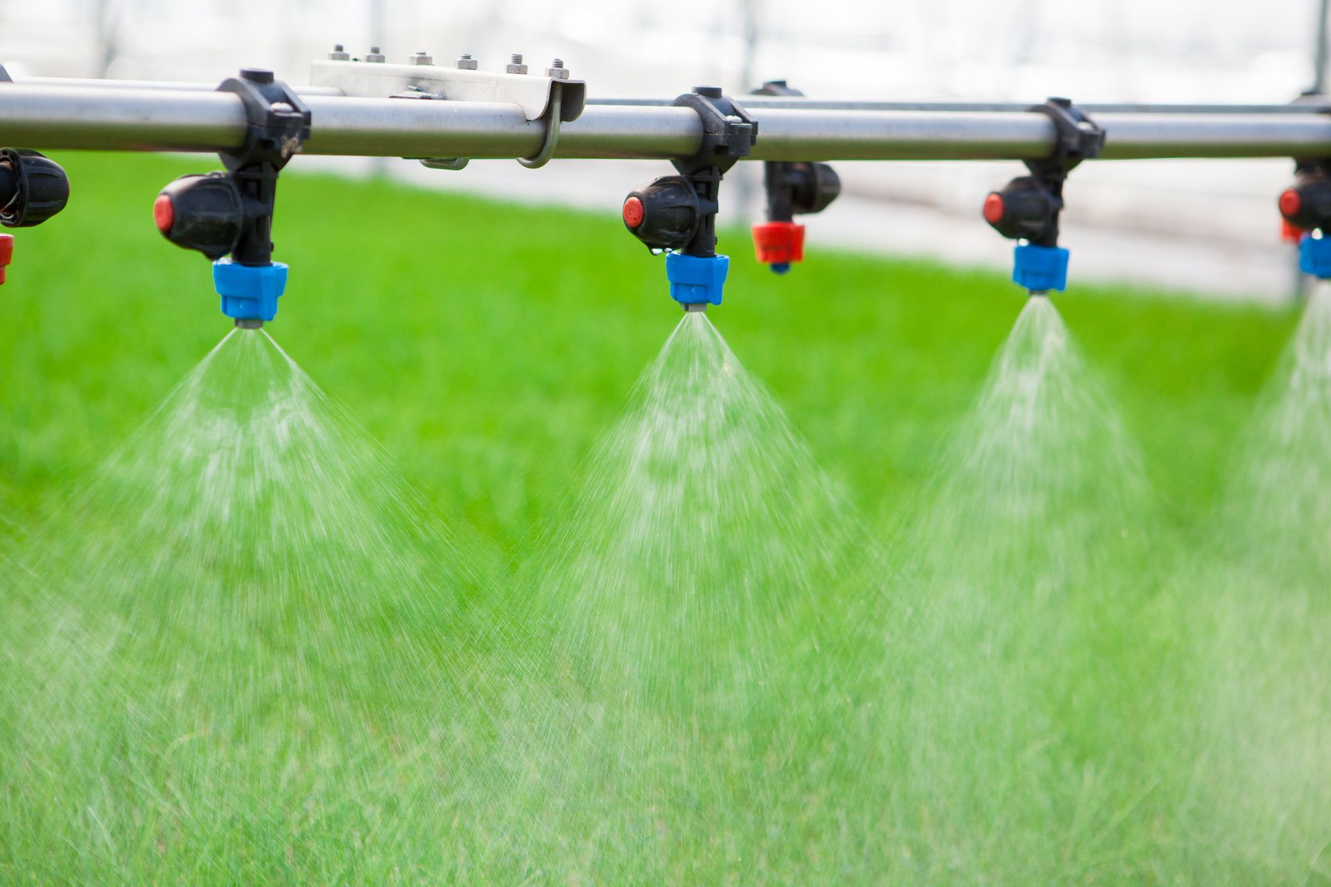 A row of sprayers spraying water on a lush green field.