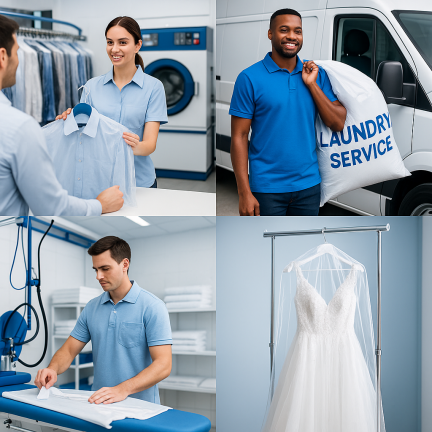Laundry service scenes: a customer, a staff member, delivery person, and a dress.
