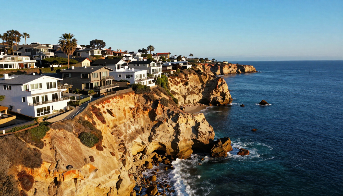 Cliffside homes above a rocky ocean coast with waves and a clear blue sky