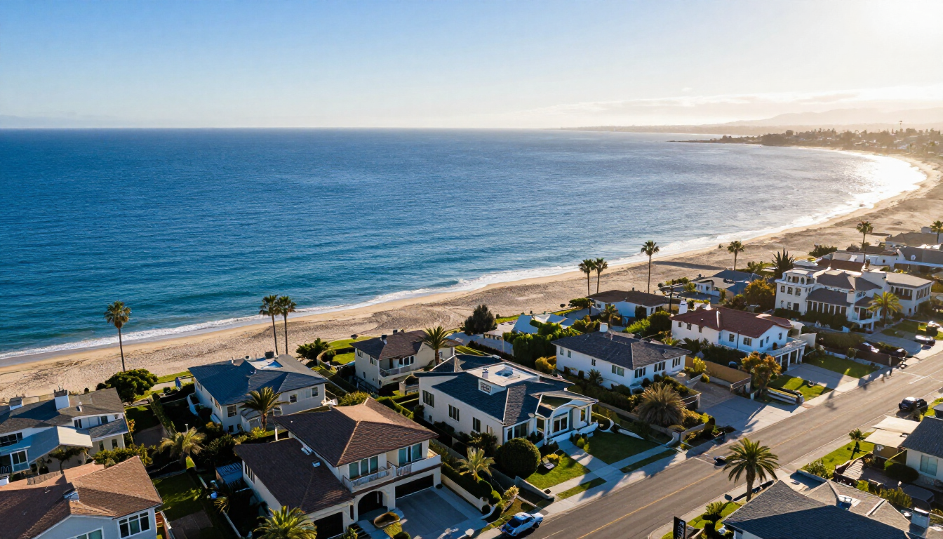 Aerial view of a coastal neighborhood beside a sandy beach and blue ocean at sunset