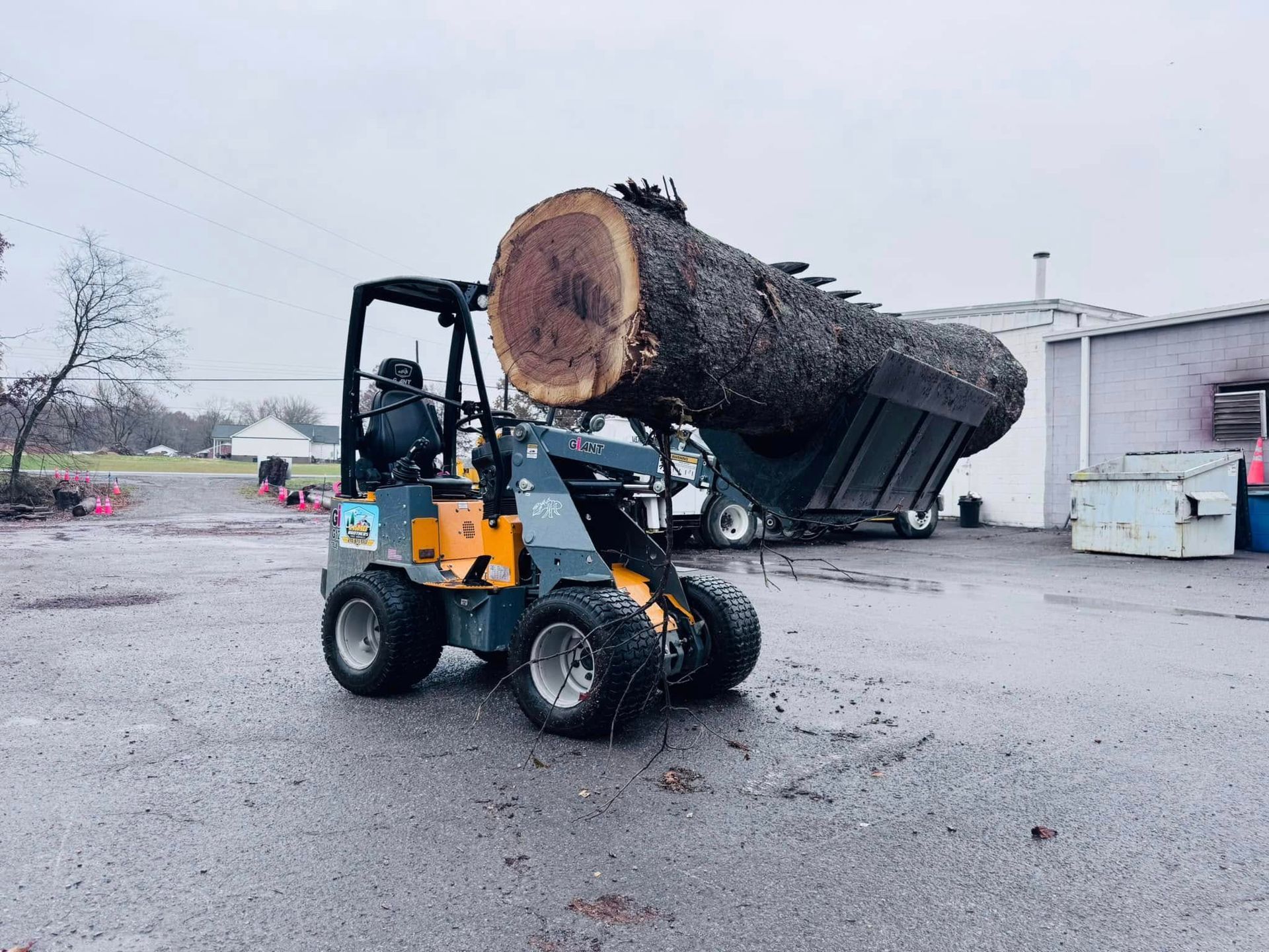 A forklift is carrying a large log in a parking lot.