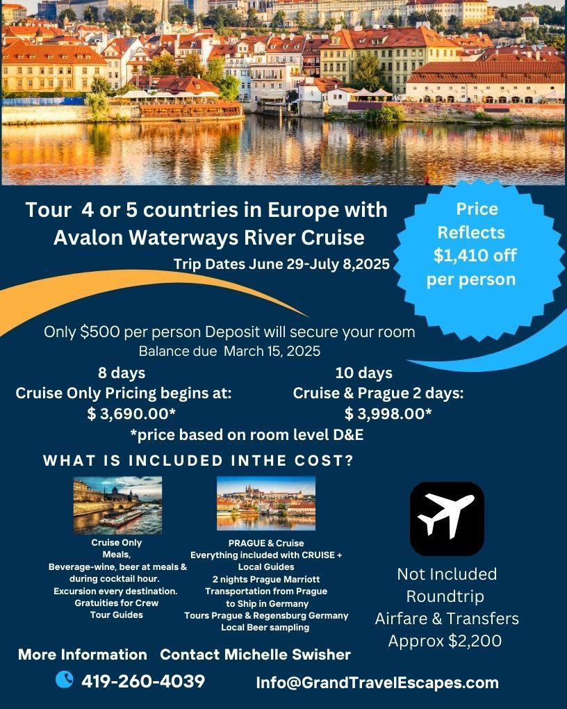 An advertisement for a tour of 4 or 5 countries in europe with avalon waterways river cruise