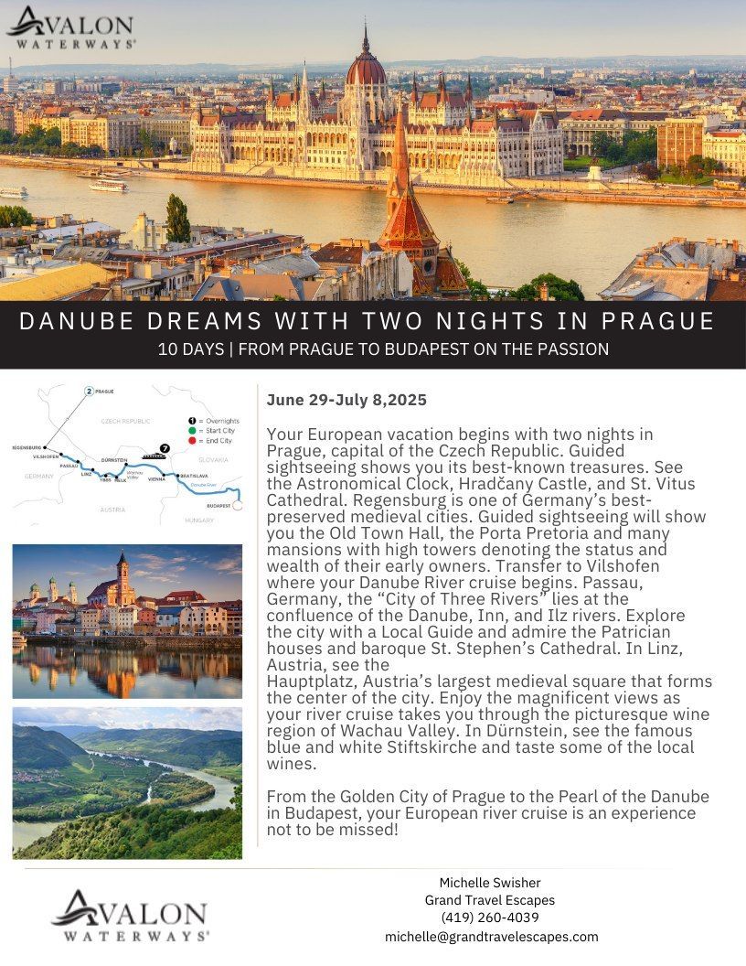 A travel brochure for danube dreams with two nights in prague.