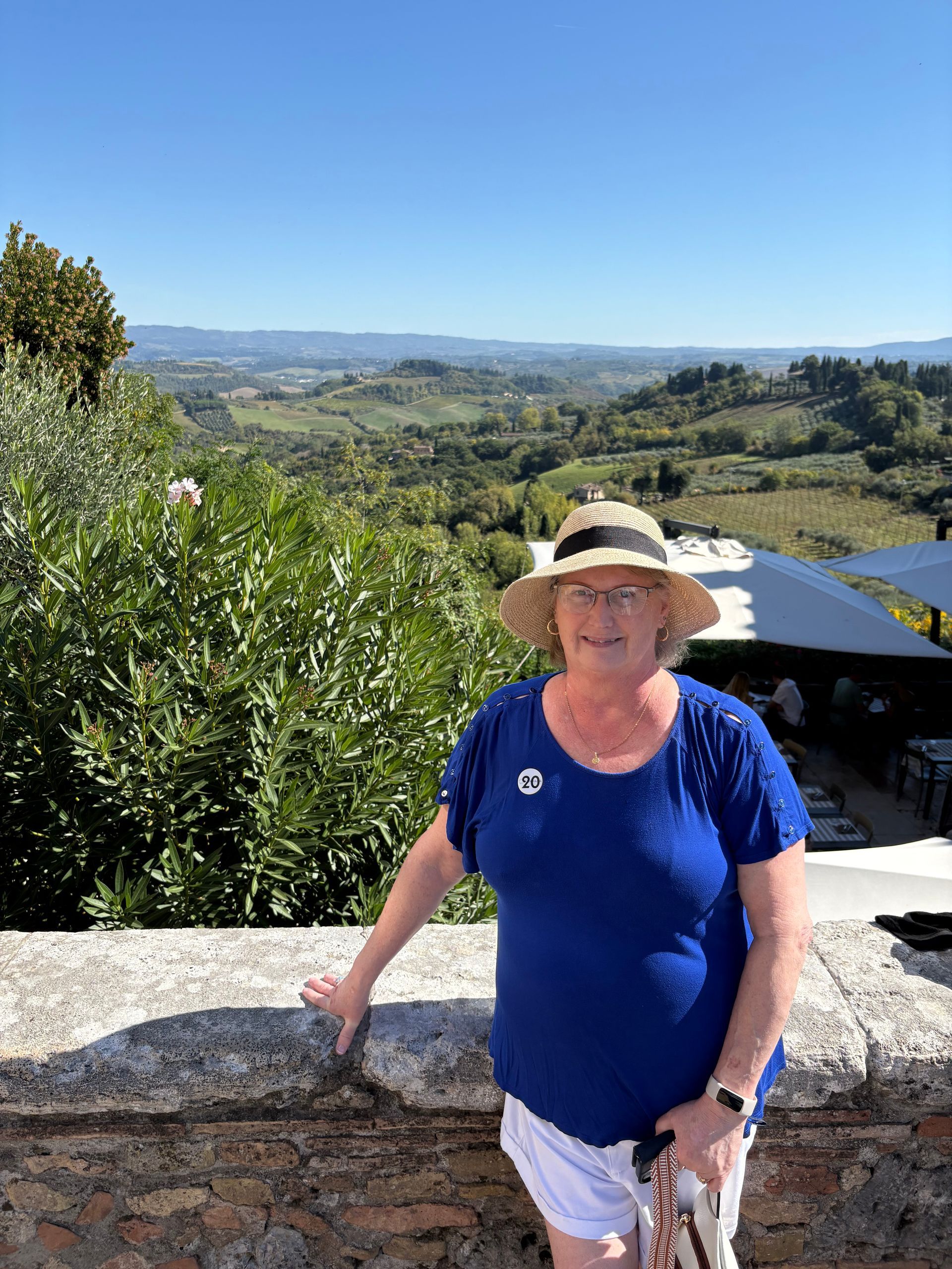 A person wearing a blue shirt and straw hat stands by a stone wall overlooking a scenic landscape with hills and trees.