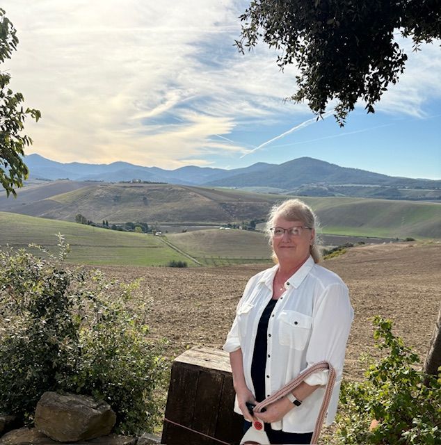 A person in a white button-down shirt stands in front of rolling hills and a mountain range under a blue sky.