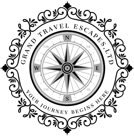 A black and white logo for grand travel escapes ltd