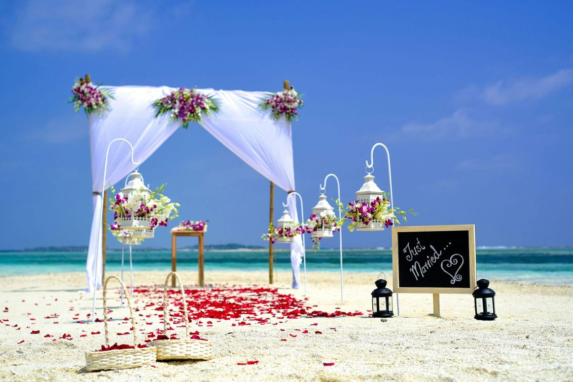 A tropical beach wedding setup with a white floral arch, red rose petals on the sand, and a chalkboard sign.