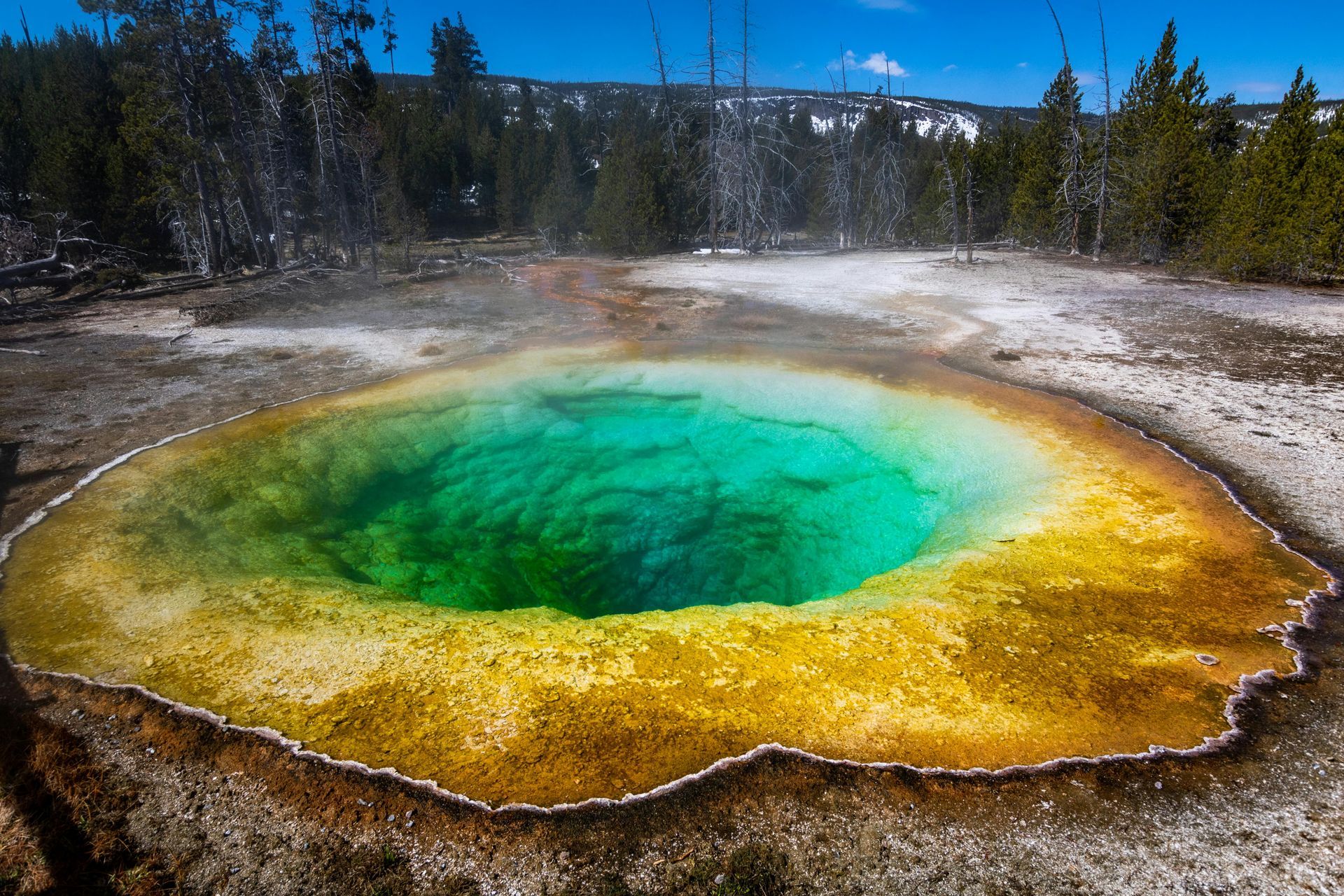 A large colorful hole in the ground with trees in the background