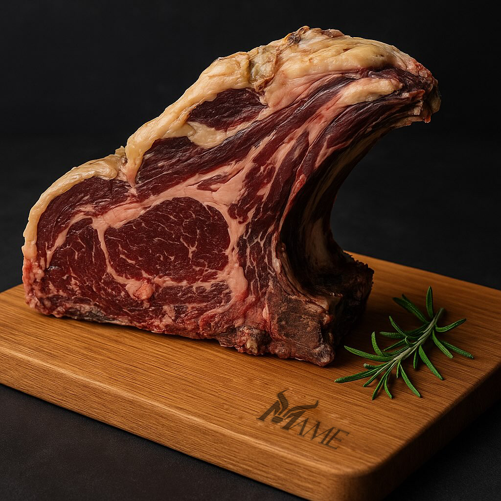 Una grande bistecca di ribeye cruda su un tagliere di legno con rosmarino.