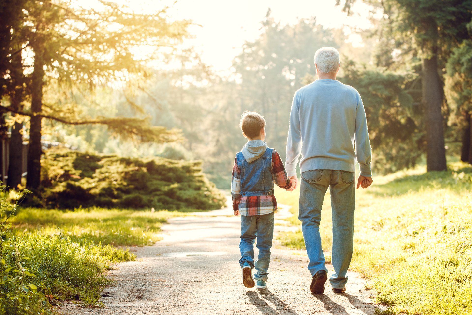 A man and a boy walk hand-in-hand down a path in a park, sunlight streaming through trees.