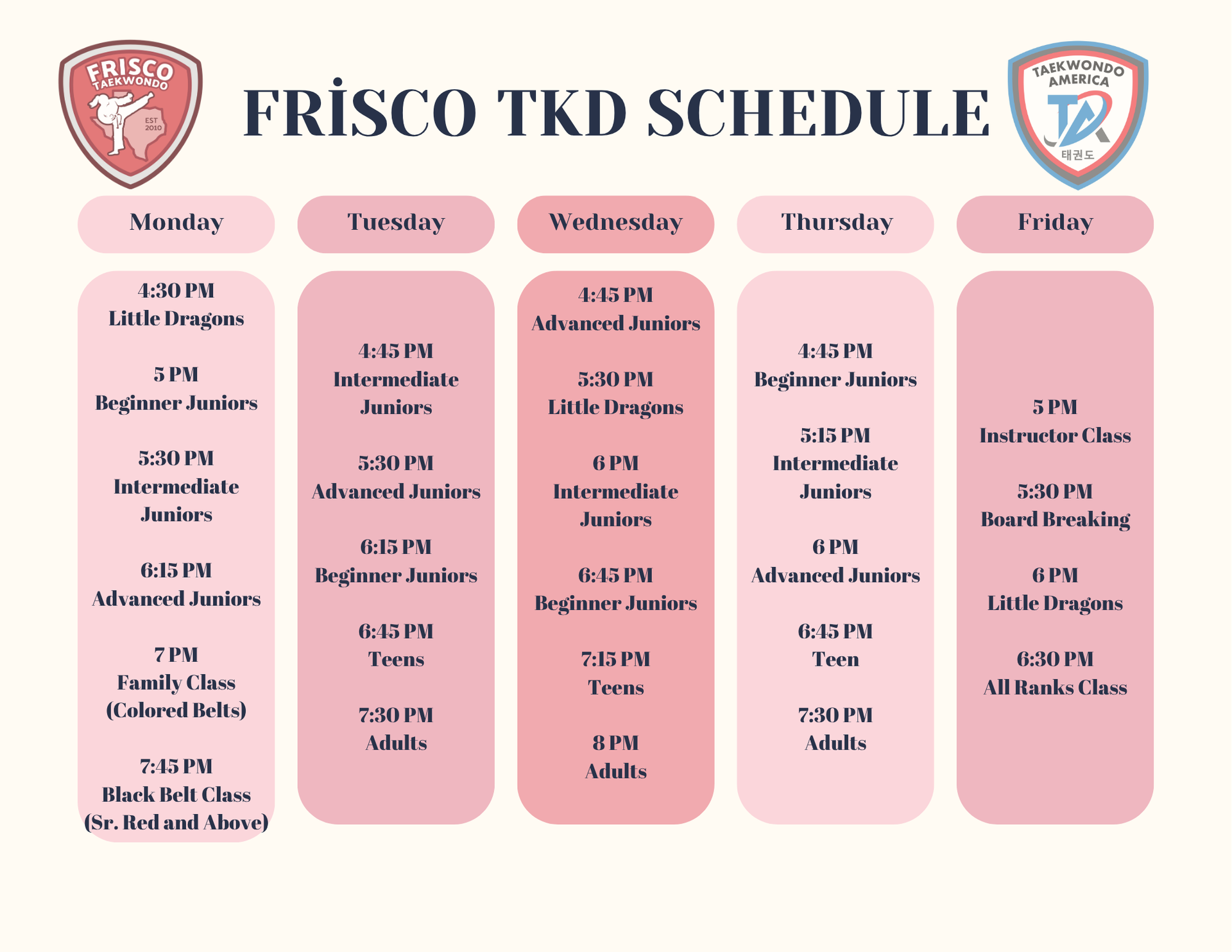 a schedule of martial arts classes for the week of monday through saturday