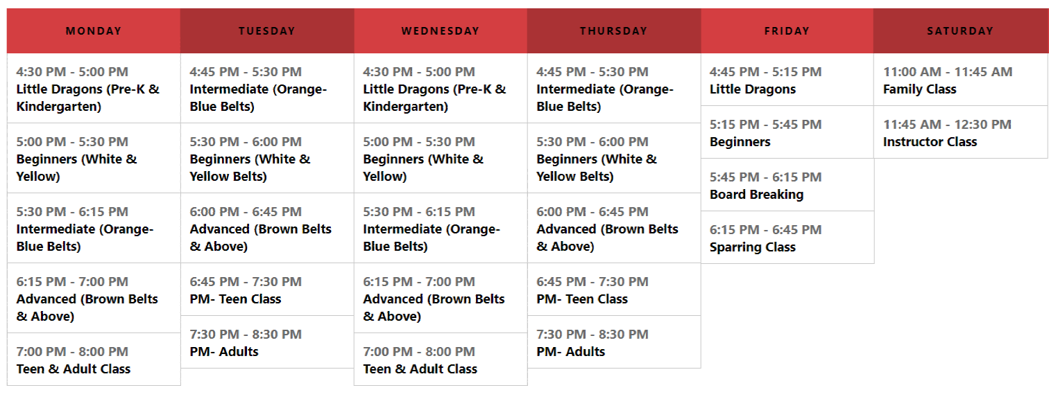 a schedule of martial arts classes for the week of monday through saturday