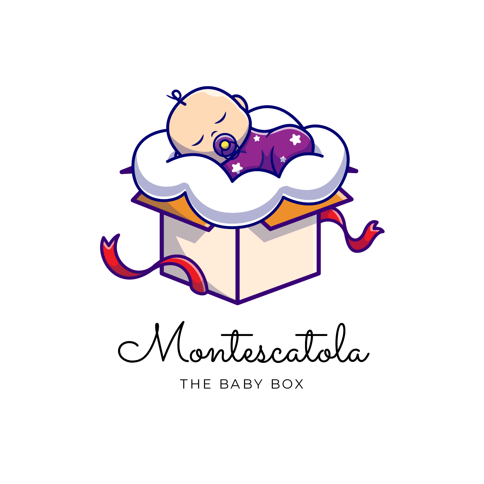 A baby is sleeping in a box that says montescatola