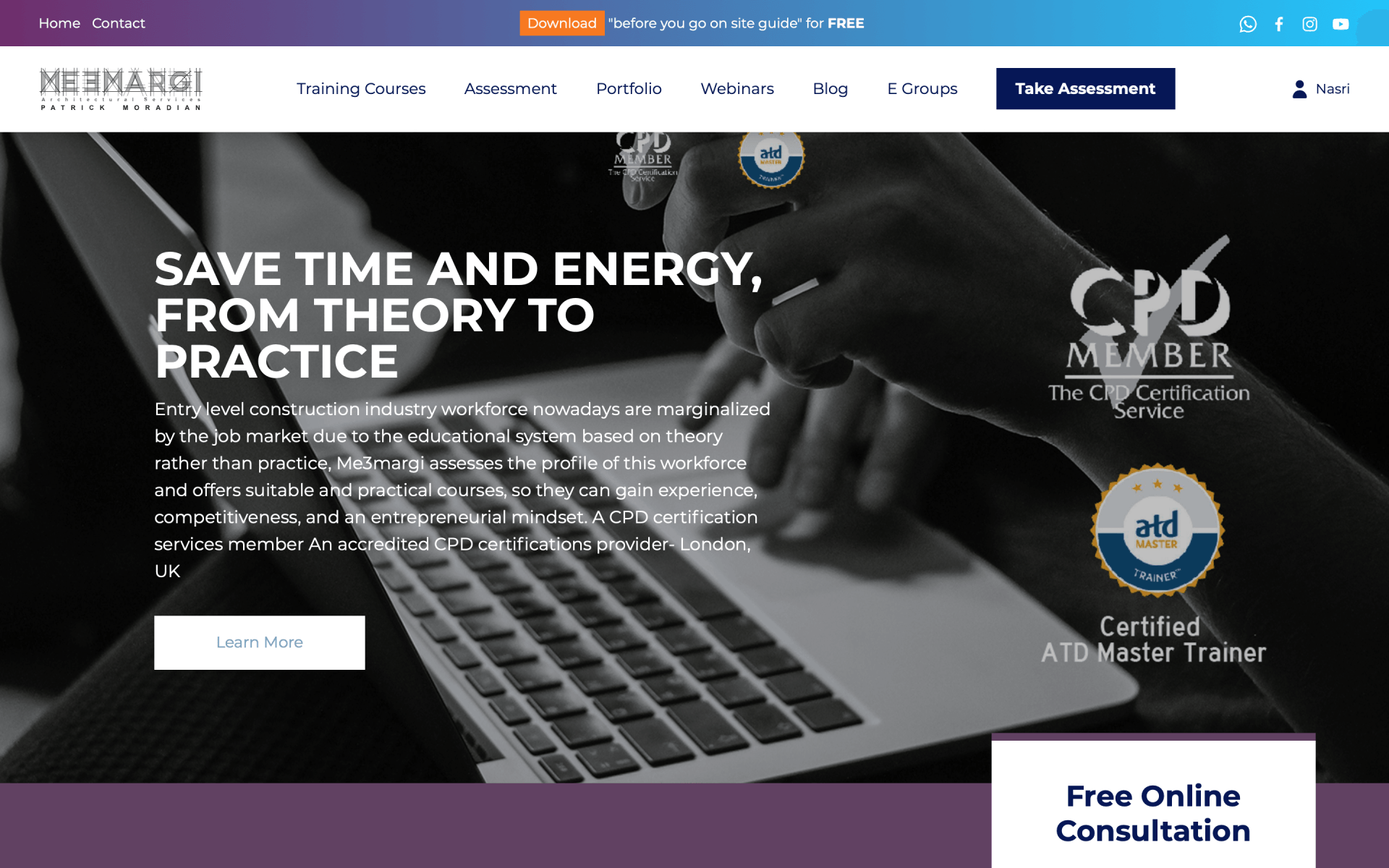 A person is typing on a laptop computer on a website that says save time and energy from theory to practice.