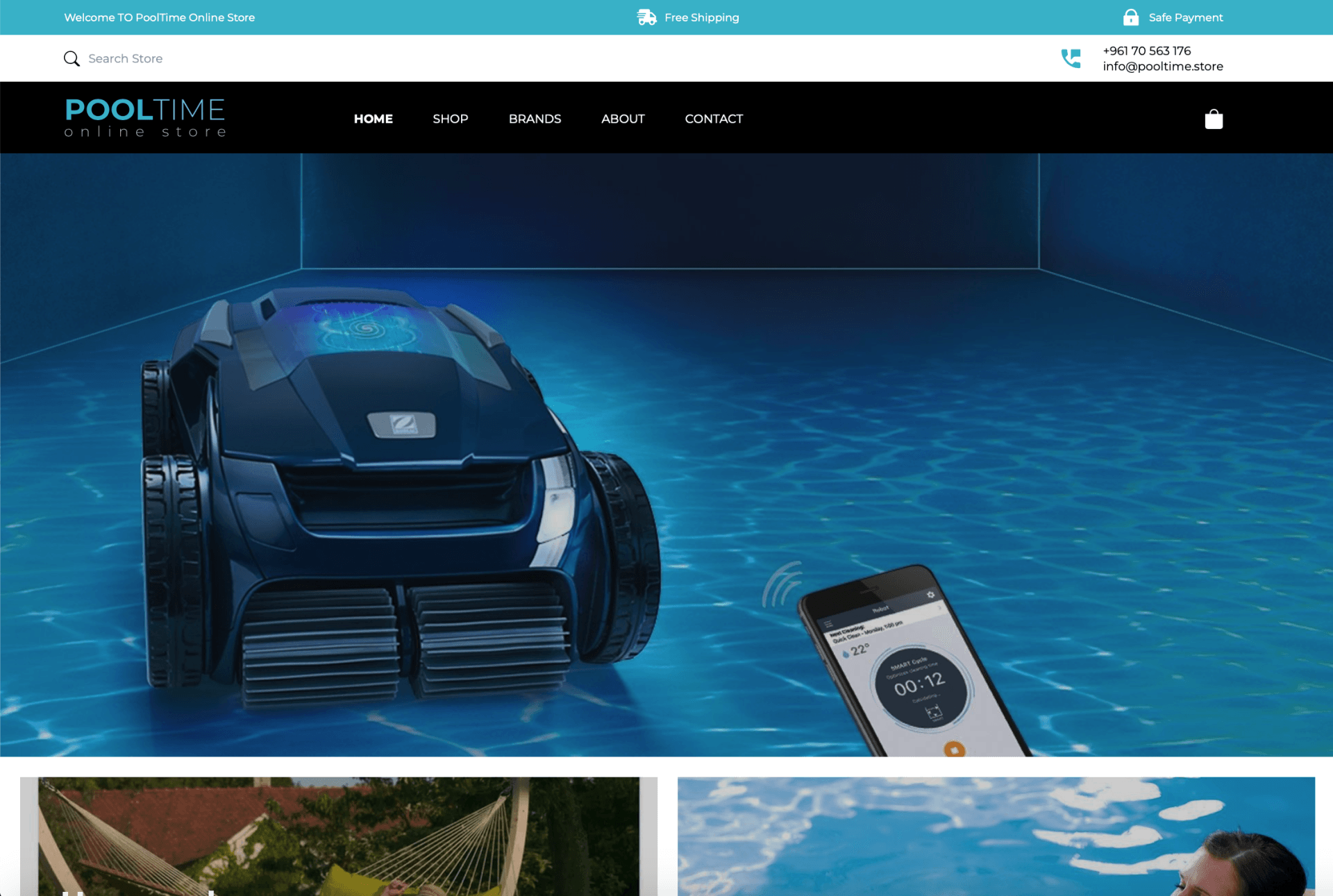 A man is swimming in a pool with a robotic vacuum cleaner.