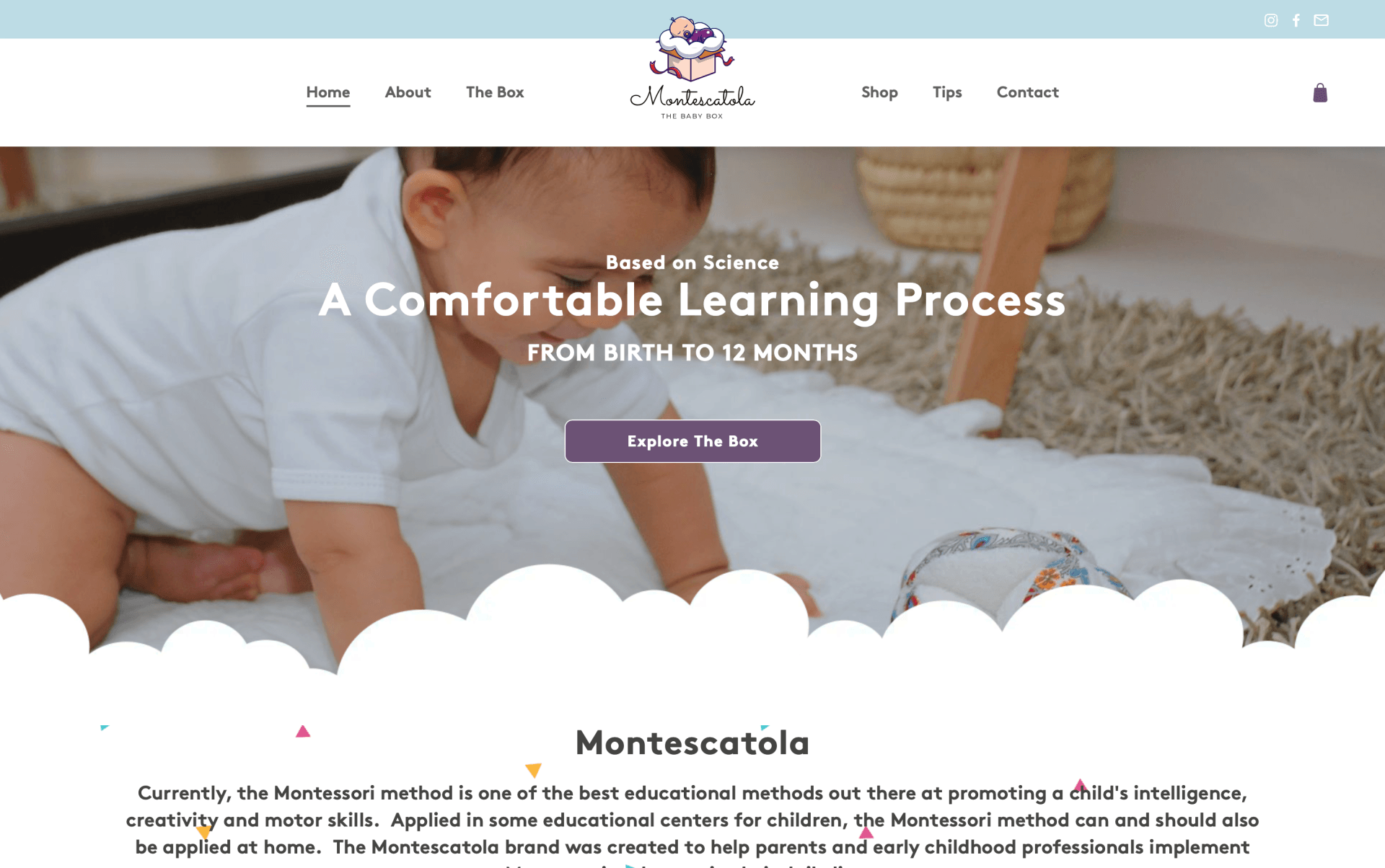 A baby is crawling on a rug on a website.