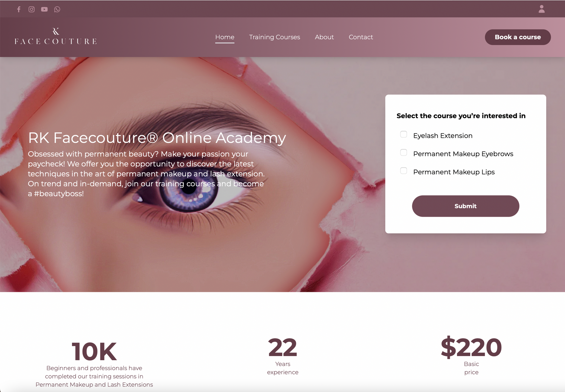 A close up of a woman 's eye with purple eyes on a website.