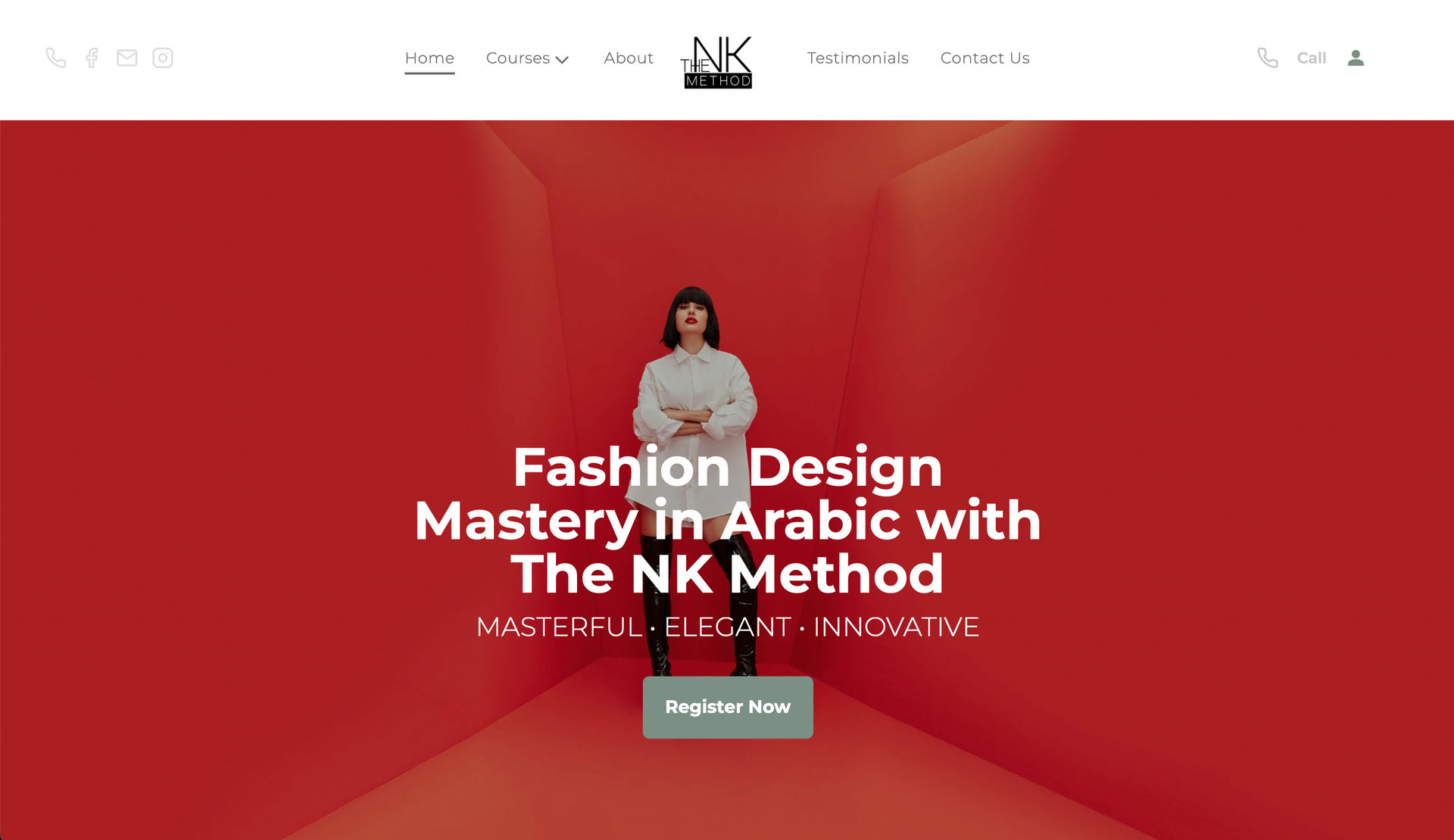 A woman is standing in a red room with the words `` fashion design mastery in arabic with the nk method ''.