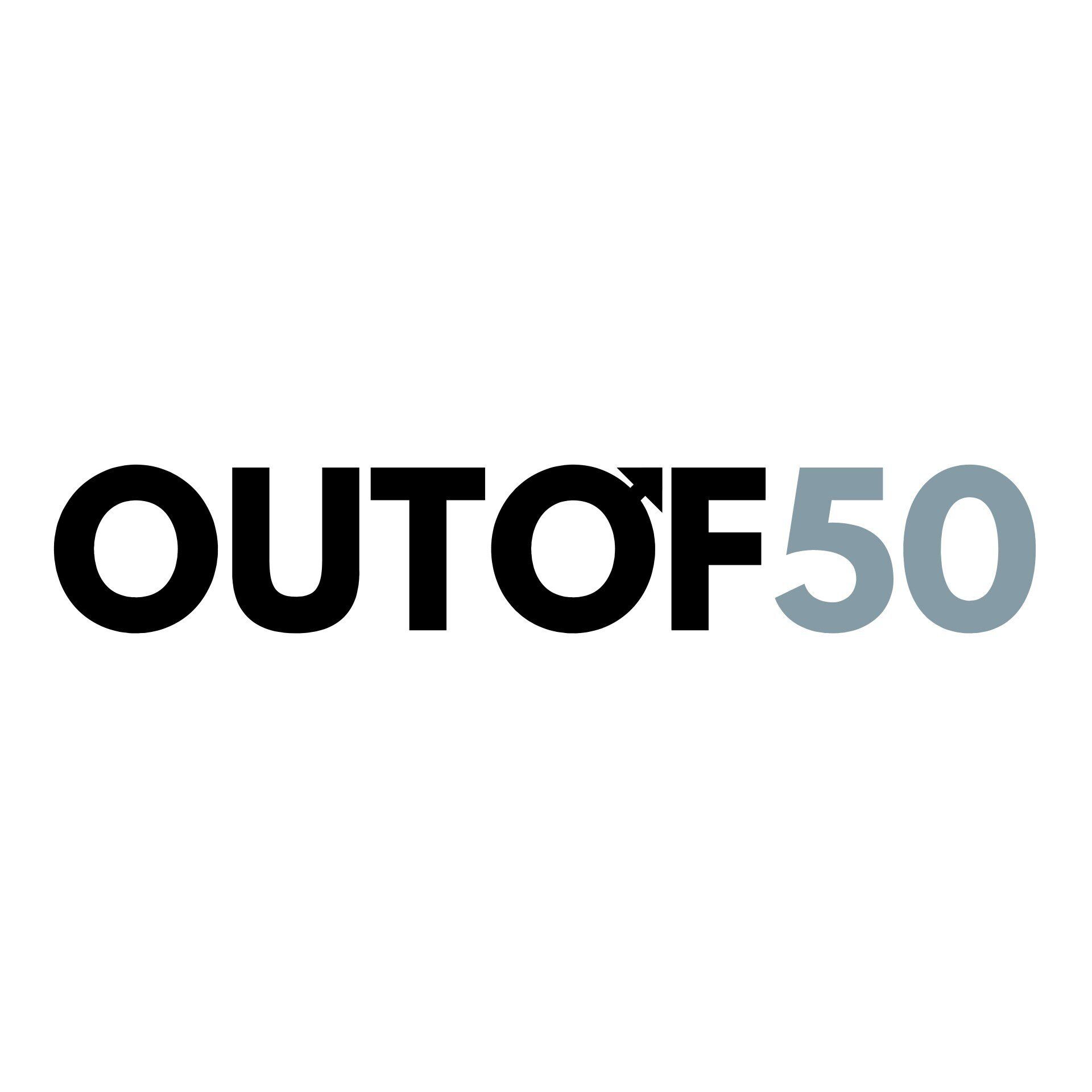 The logo for out of 50 is black and gray on a white background.