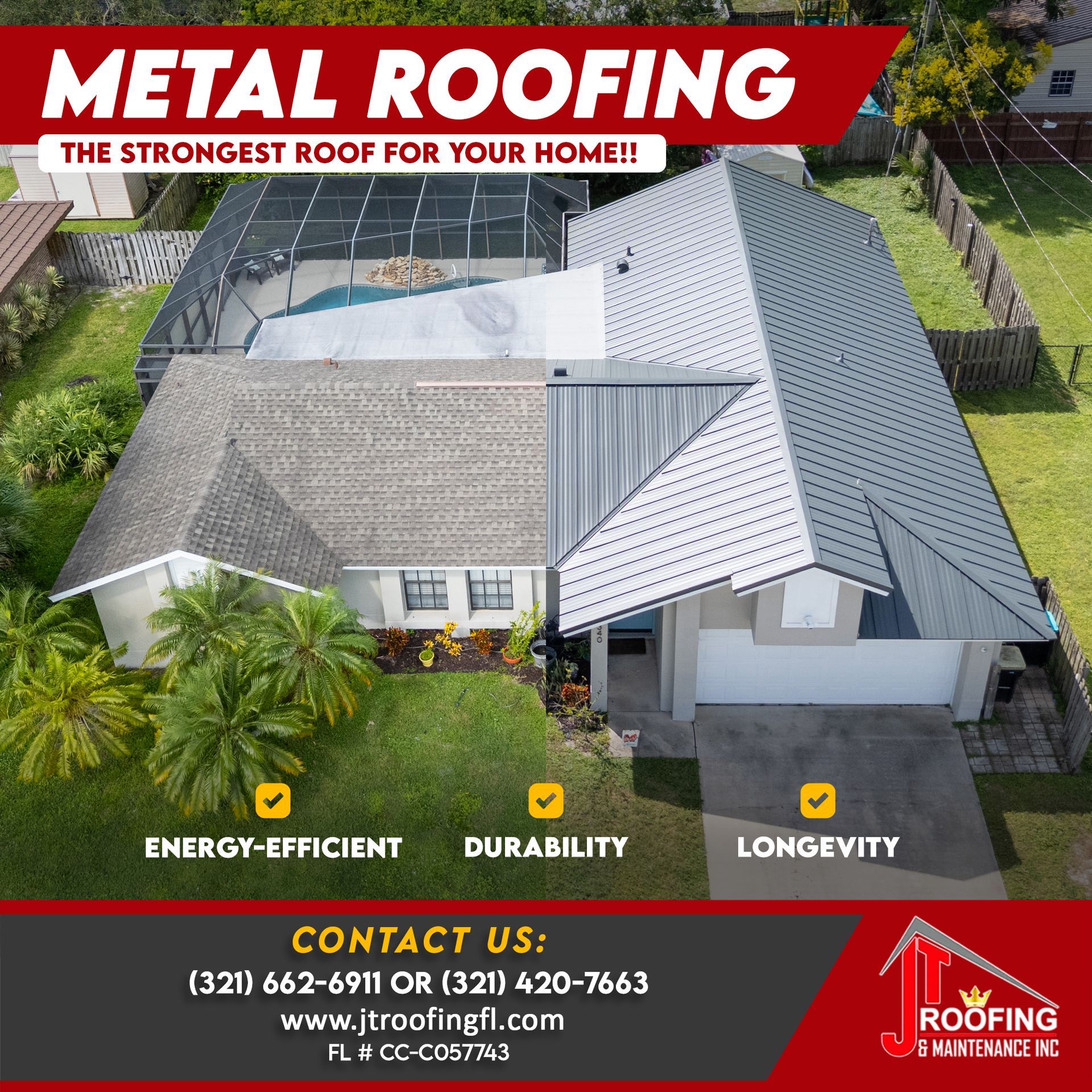 JT Roofing shingle and metal roof on home in Melbourne FL