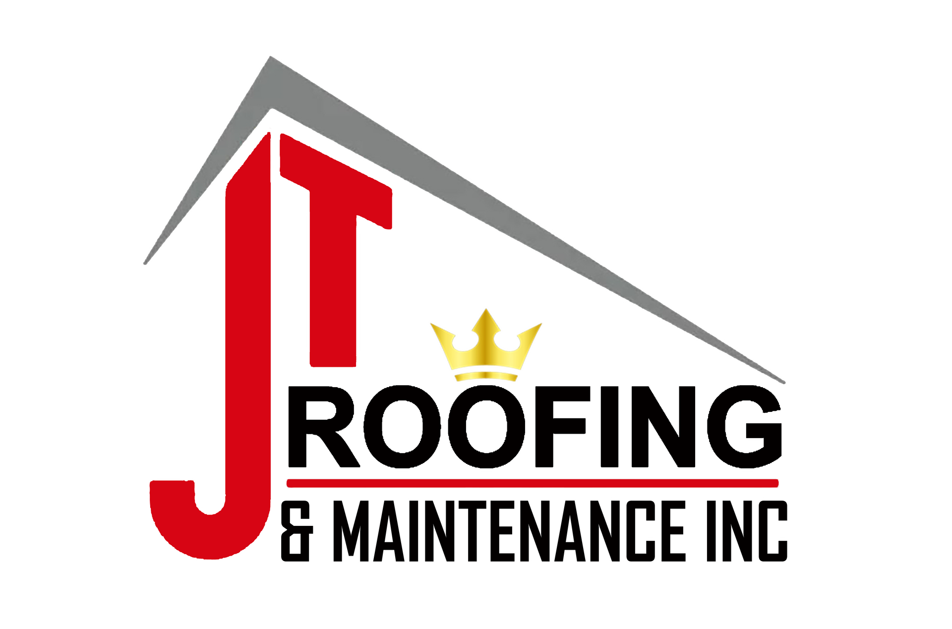 Logo for JT Roofing & Maintenance Inc featuring a red letter J and T topped by a gray roof shape and a small gold crown.