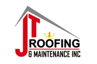 Logo for JT Roofing & Maintenance Inc featuring a red letter J and T topped by a gray roof shape and a small gold crown.