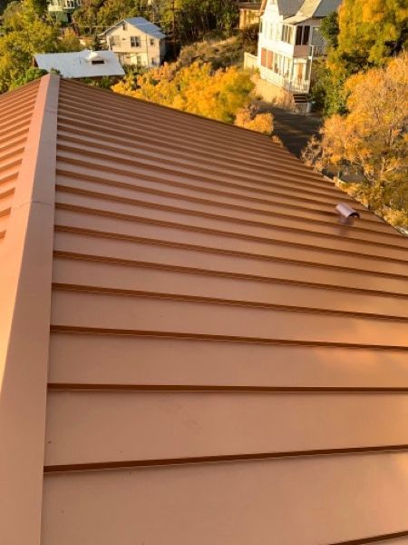 A close up of a copper roof with houses in the background.