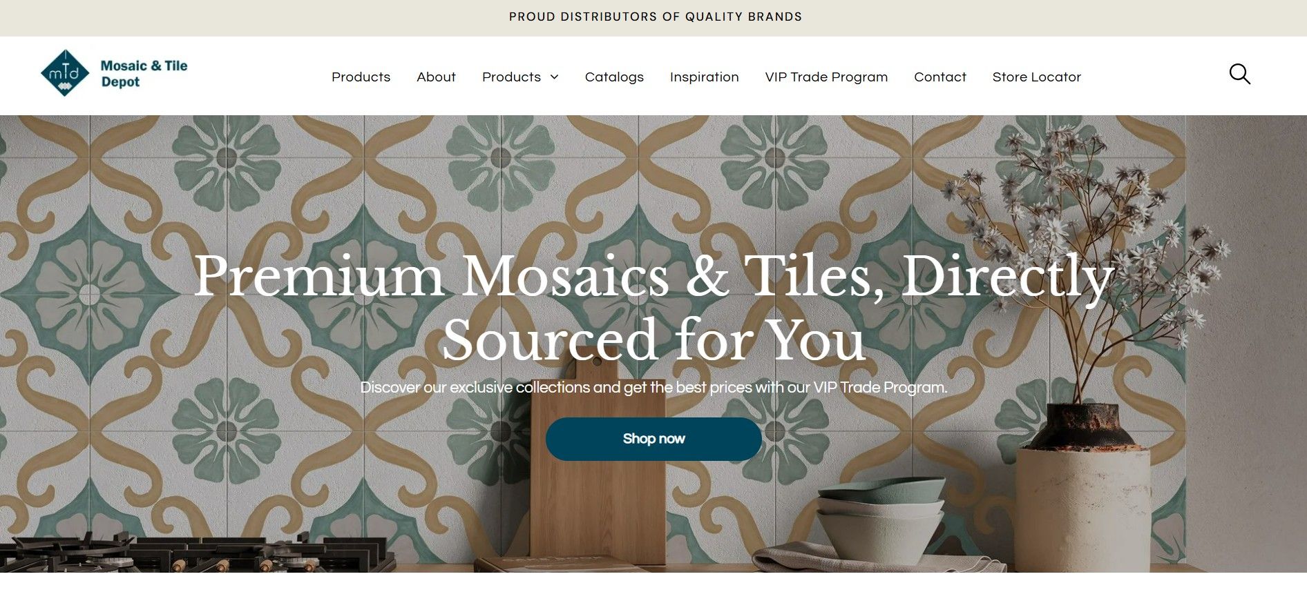 KG Leads-designed homepage for tile and mosaic showroom website featuring product categories and location details.