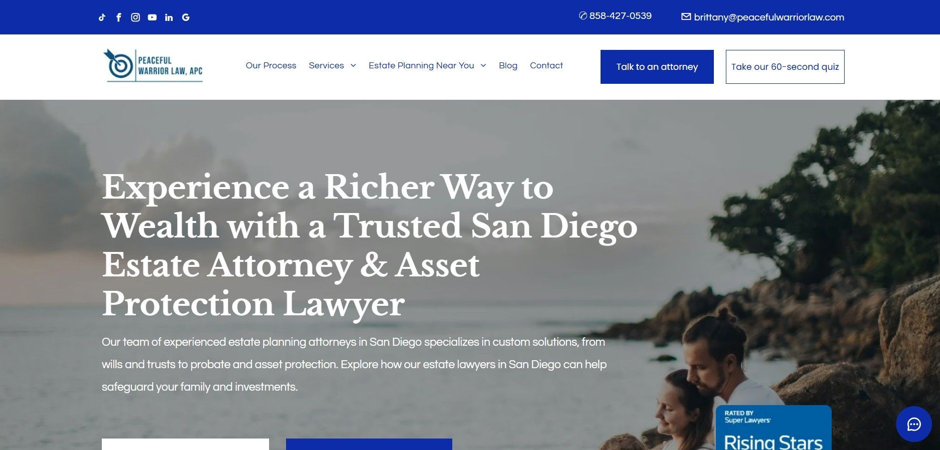 Homepage of estate planning attorney website designed by KG Leads for Peaceful Warrior Law in San Diego.