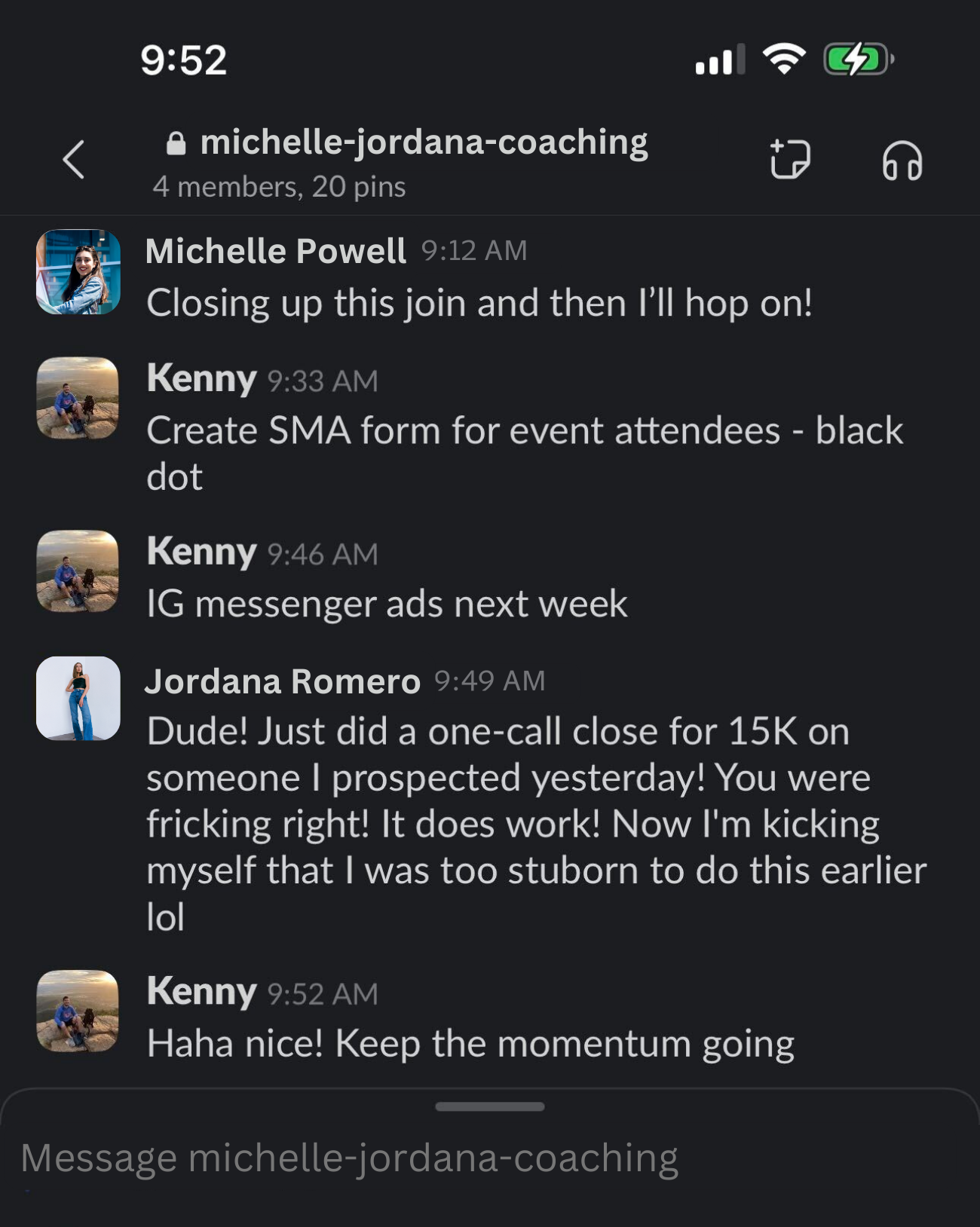 Prospecting strategy conversation showing client win through digital marketing outreach