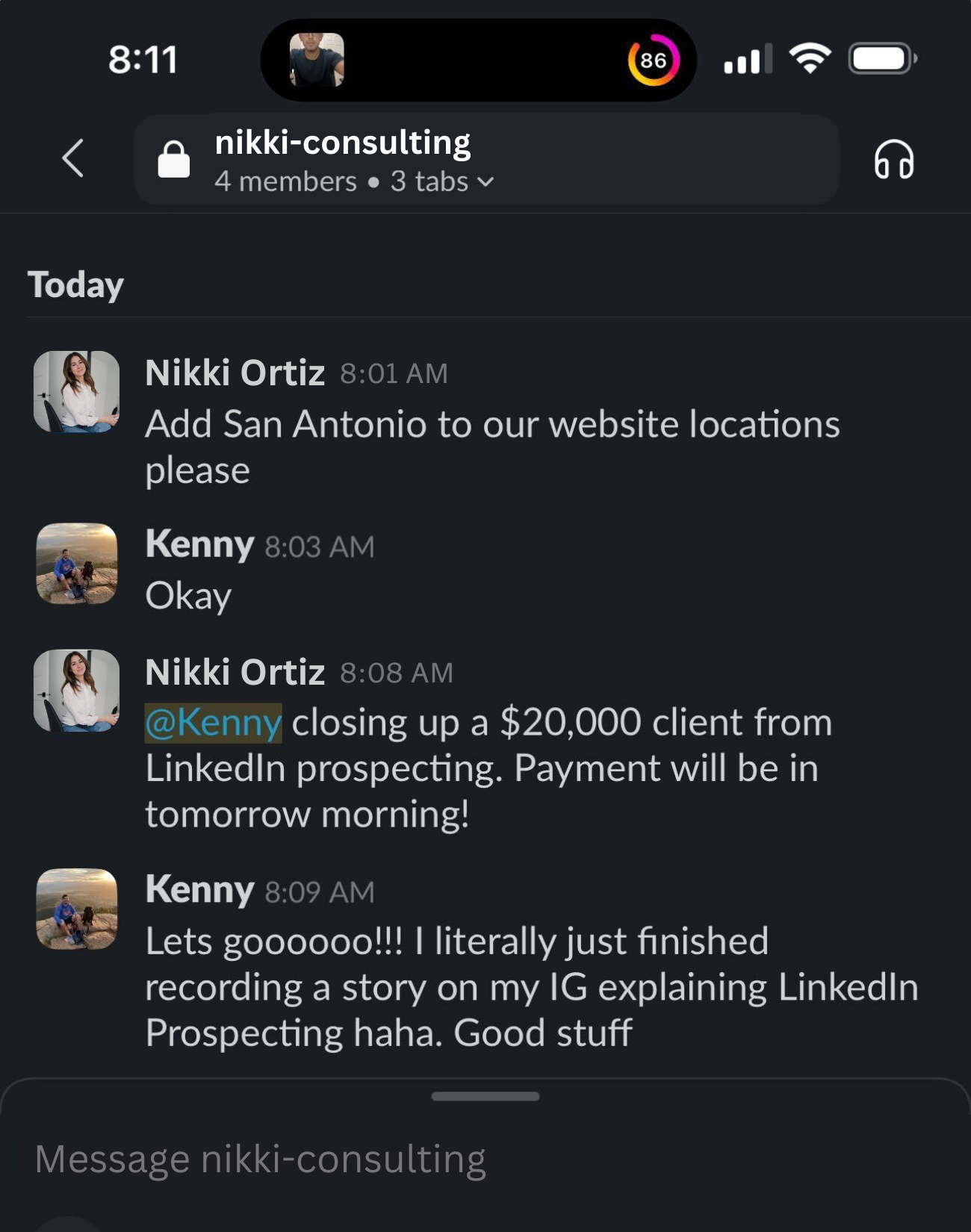 Prospecting strategy conversation showing client win through digital marketing outreach