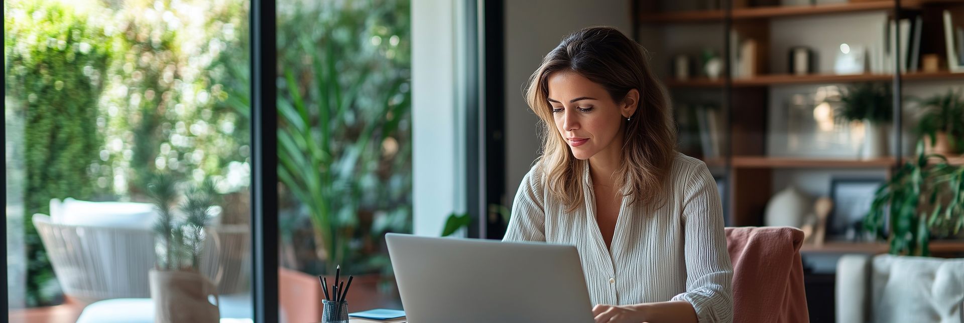 A woman is sitting at a table using a laptop computer reflecting.