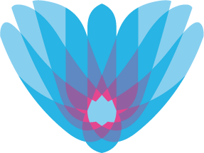 A lotus flower graphic with blue petals blending to a pink and purple base