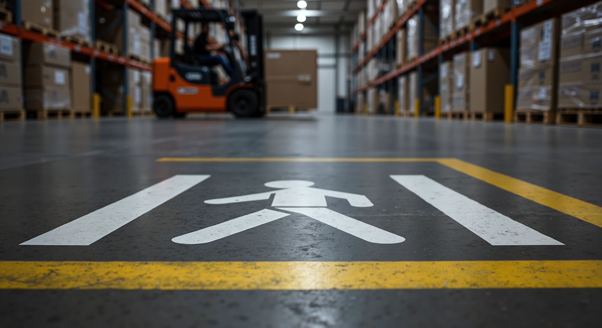 Pedestrian crossing marking on a warehouse floor with a forklift in the background.