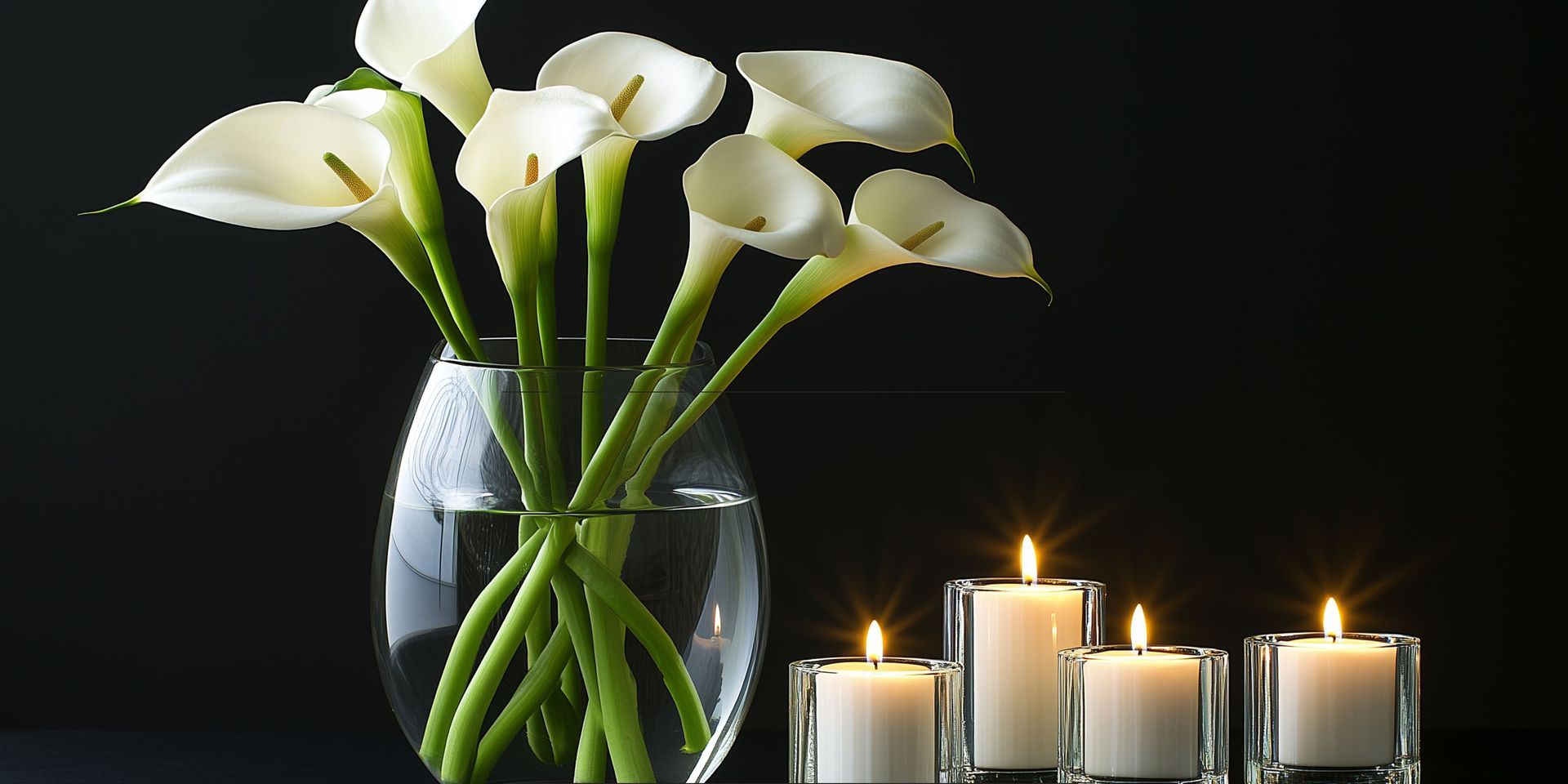White calla lilies arranged in a glass vase beside lit memorial candles on a dark background, symbol