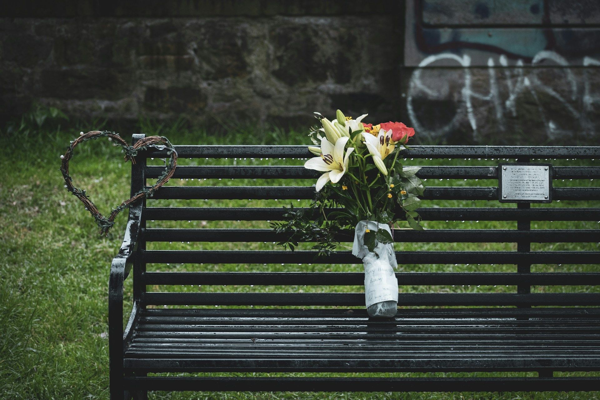 Vase of fresh flowers placed on a wooden bench radiating calmness and natural beauty.