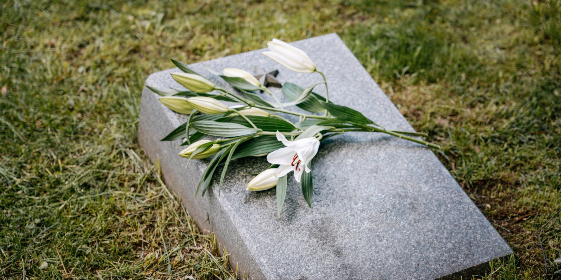 White lilies placed on a granite gravestone in a cemetery, symbolizing remembrance, peace, and honor