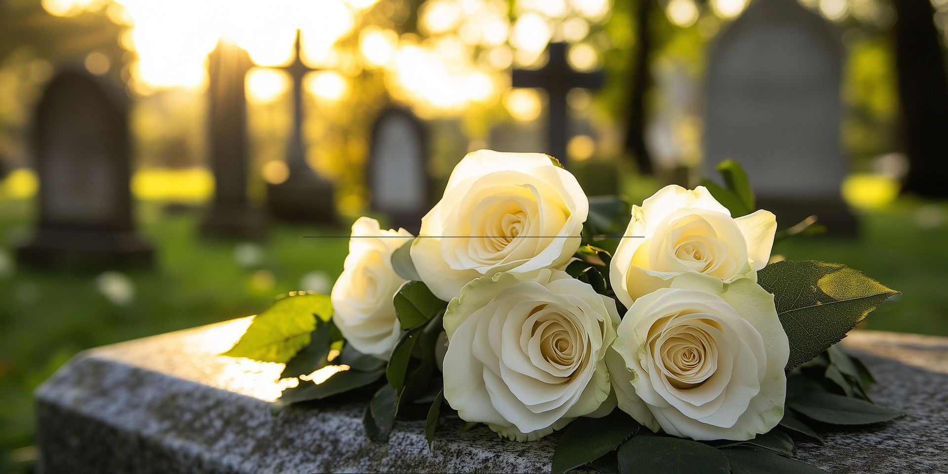 White roses resting on a gravestone in a peaceful cemetery, symbolizing remembrance, love, and honor