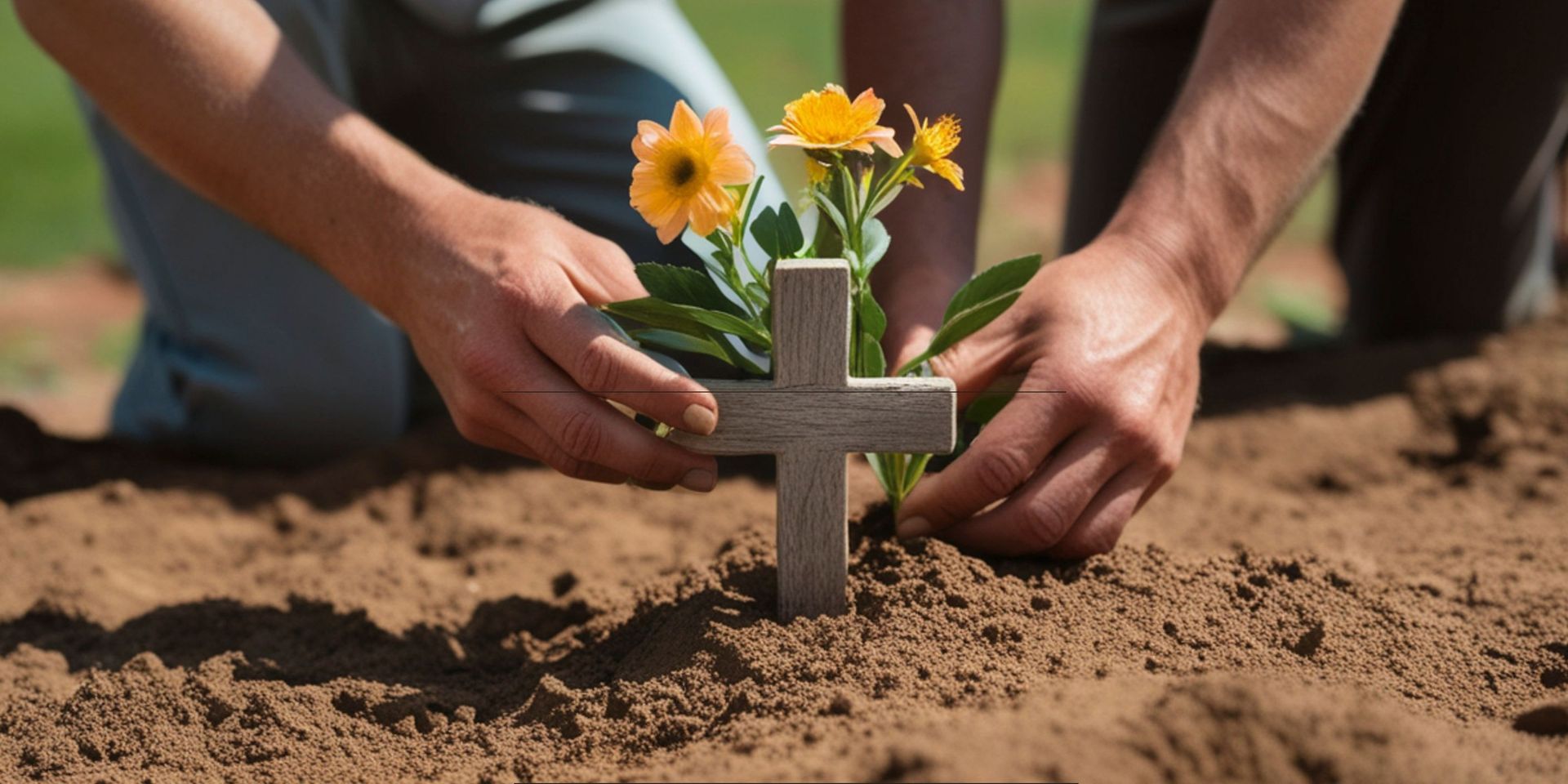 Hands placing a wooden cross grave marker with fresh flowers into the soil, symbolizing remembrance,