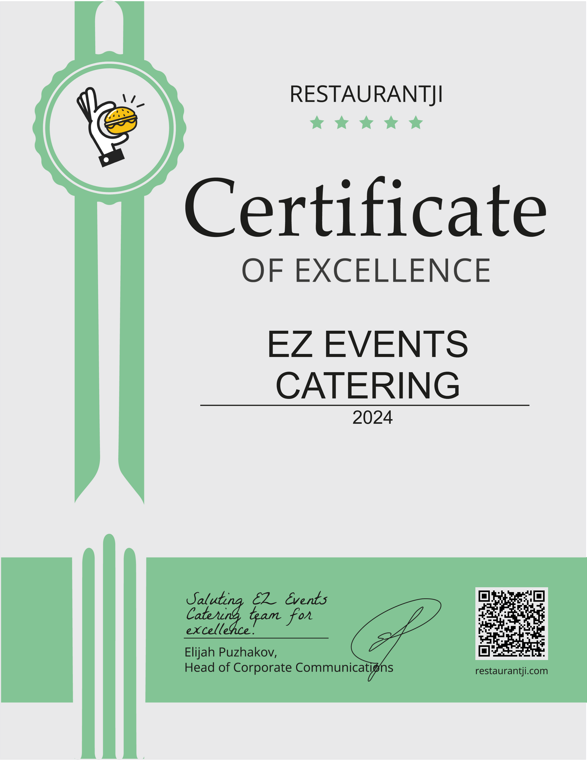 Certificate of Excellence for EZ Events Catering, in green and gray tones, with a QR code.