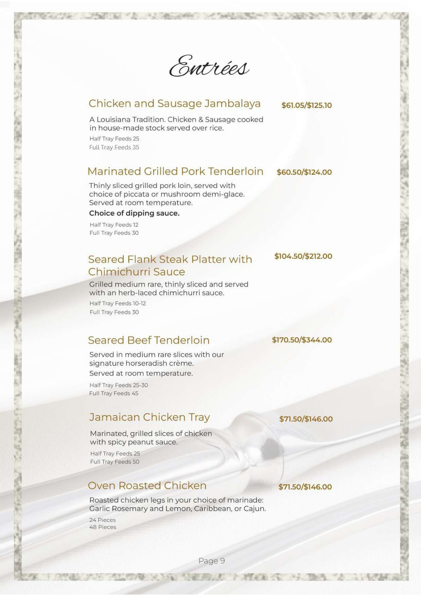 Menu with entrees