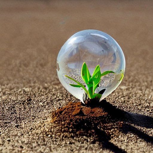 Image of a small plant growing inside of a lightbulb that is planted in the desert
