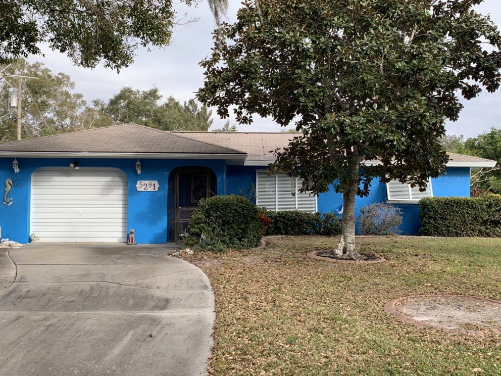 A blue house with a white garage door and a tree in front of it
