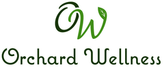 The logo for orchard wellness has a green leaf on it.