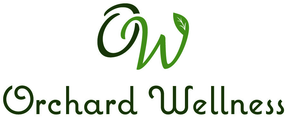 The logo for orchard wellness has a green leaf on it.