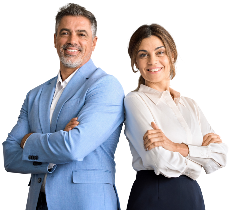 A man in a light blue suit and a woman in a white blouse stand back-to-back with arms crossed, smiling against white.