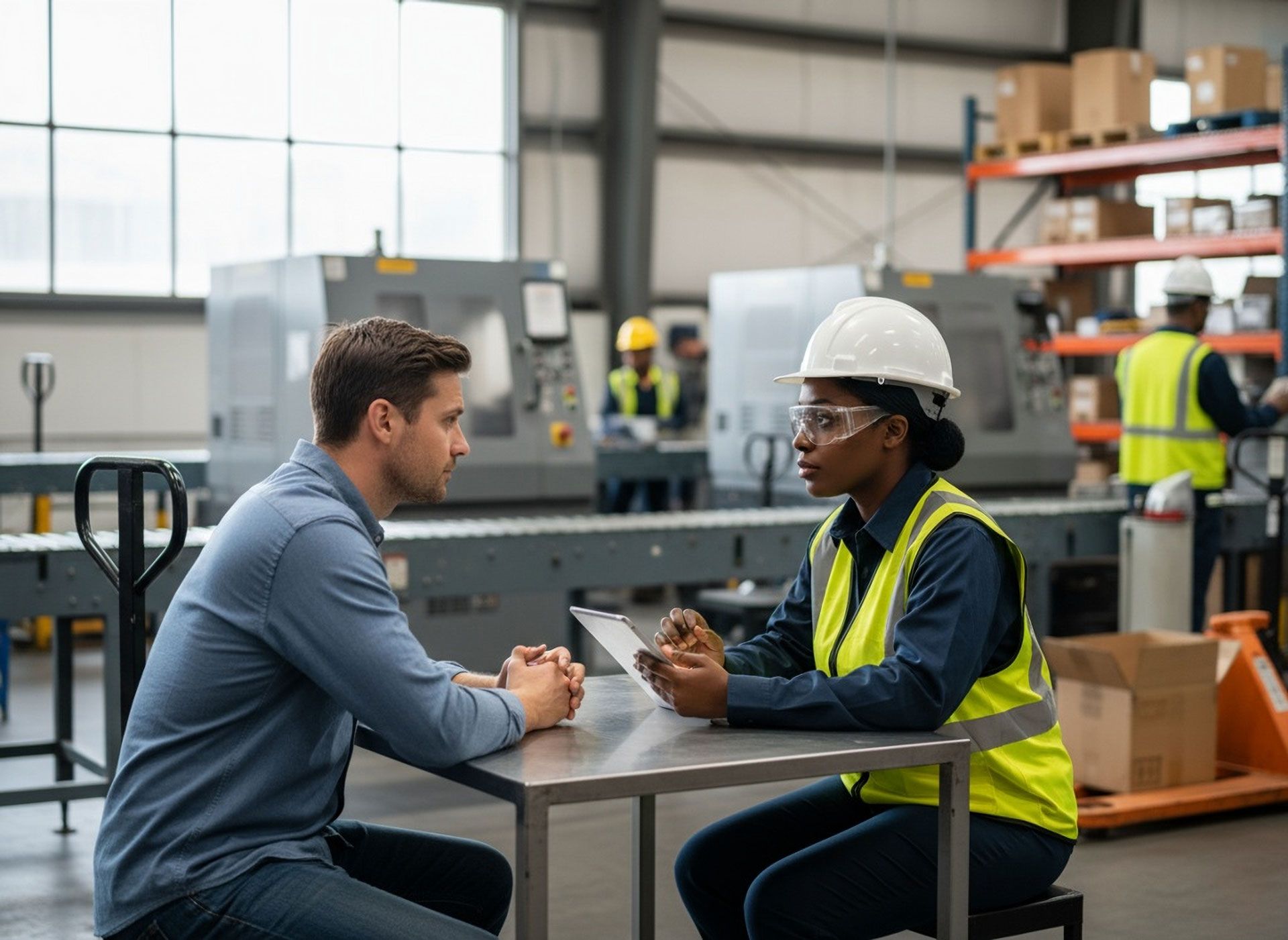 Two professionals in safety vests consult at a table in a manufacturing warehouse while colleagues work in the background.