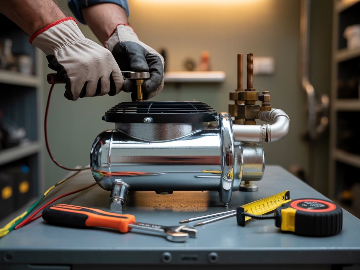 Mechanic working on a shiny compressor with tools on a table in a workshop.