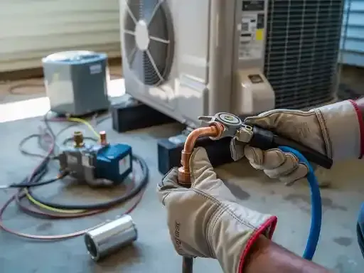 HVAC technician soldering copper pipes on an outdoor unit, wearing gloves.